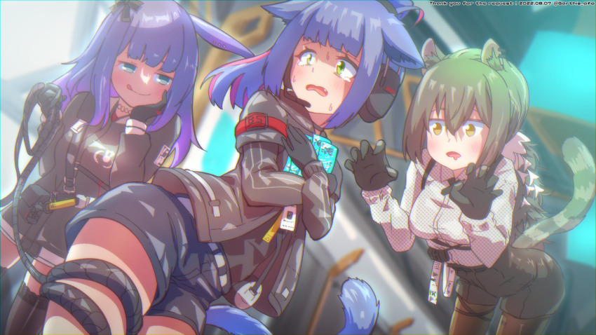 :d, a.f.o, animal_ears, arknights, bent_over, black_bow, black_gloves, black_jacket