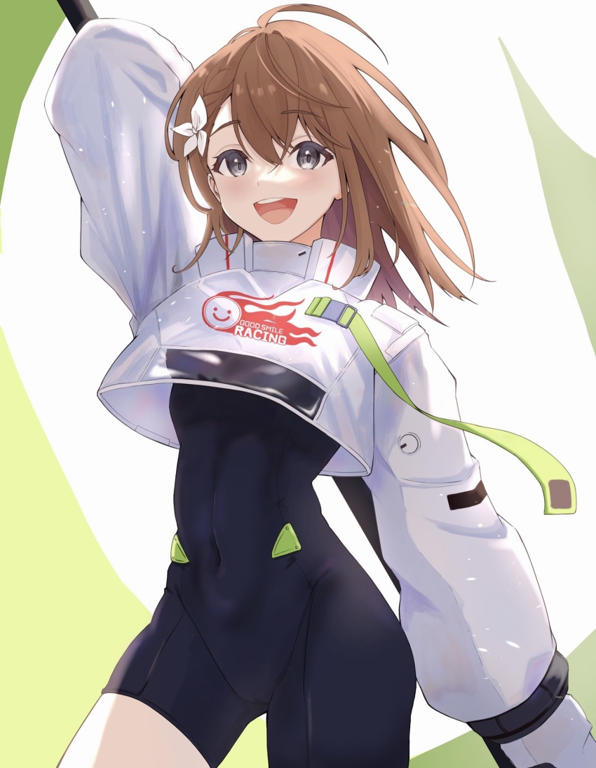 1girl, :d, arm_at_side, arm_behind_back, arm_up, asymmetrical_bodysuit, asymmetrical_clothes, backlighting, black_bodysuit, bodysuit, bodysuit_under_clothes, bow, braid, breasts, brown_hair, clothes_writing, contrapposto, cosplay, covered_navel, cowboy_shot, cropped_jacket, diffraction_spikes, flag, flame_print, floating_hair, goodsmile_company, goodsmile_racing, grey_eyes, hair_between_eyes, hair_bow, hanasato_minori, haruwo, hatsune_miku, hatsune_miku_(cosplay), high_collar, highres, holding, holding_flag, holding_pole, jacket, light_particles, logo, long_sleeves, looking_at_viewer, medium_hair, narrow_waist, open_mouth, pole, project_sekai, puffy_long_sleeves, puffy_sleeves, racing_miku, racing_miku_(2022), see-through_clothes, see-through_jacket, sideboob, simple_background, small_breasts, smile, smiley_face, solo, swept_bangs, teeth, toned, upper_teeth_only, vocaloid, white_background, white_bow, white_jacket