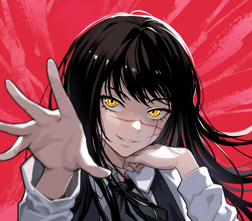 1girl, black_hair, chainsaw_man, collared_shirt, facial_scar, highres, lifyter, long_hair