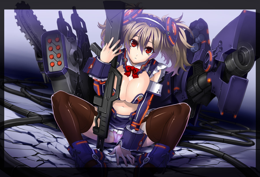 1girl, border, breasts, brown_hair, cleavage, detached_sleeves, female_focus, fujimon