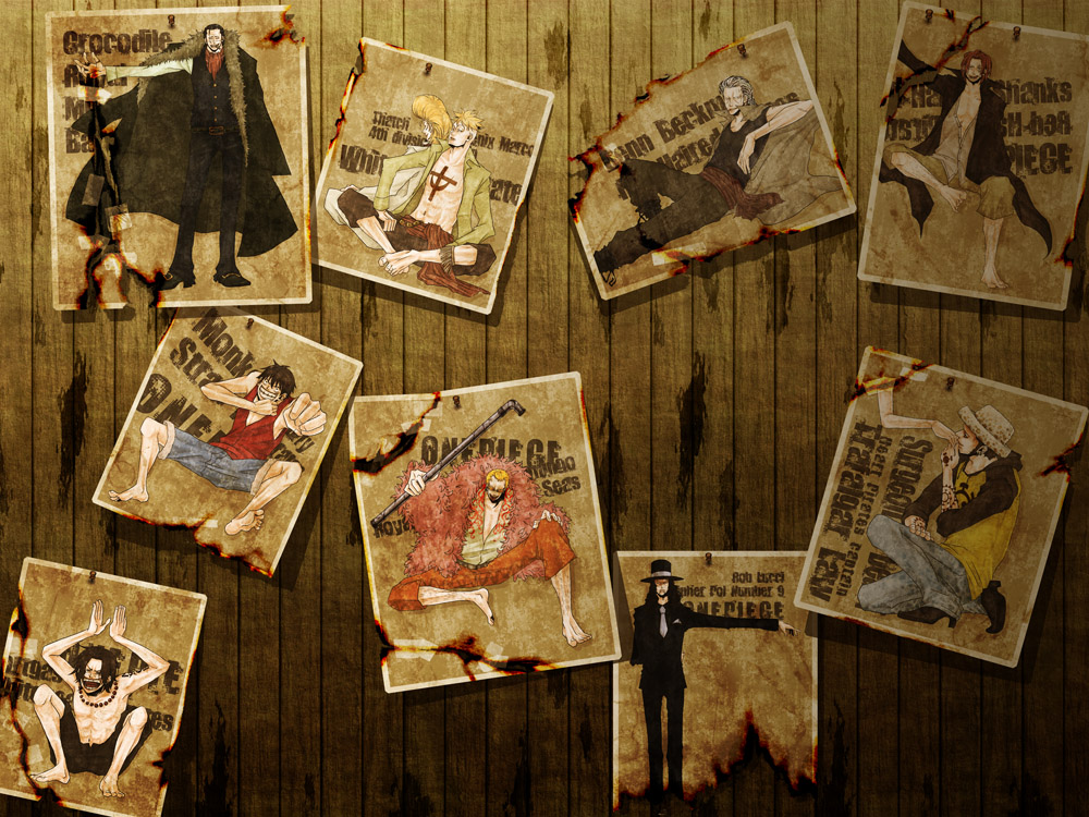 6+boys, benn_beckman, crocodile_(one_piece), denim, donquixote_doflamingo, hat, jeans, jewelry, male_focus, marco_(one_piece), monkey_d._luffy, multiple_boys, necklace, necktie, one_piece, pants, portgas_d._ace, poster, raglan_sleeves, rob_lucci, shanks_(one_piece), thatch_(one_piece), trafalgar_law, un0000, wanted_poster