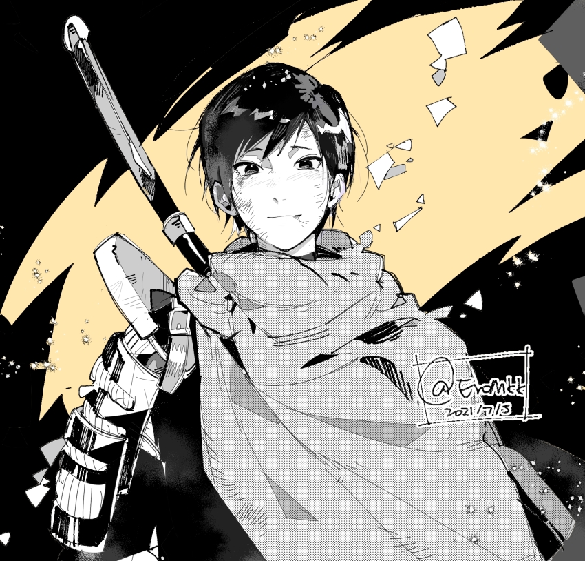 1boy, armor, blood, blood_on_face, bruise, bruise_on_face, cloak, closed_mouth