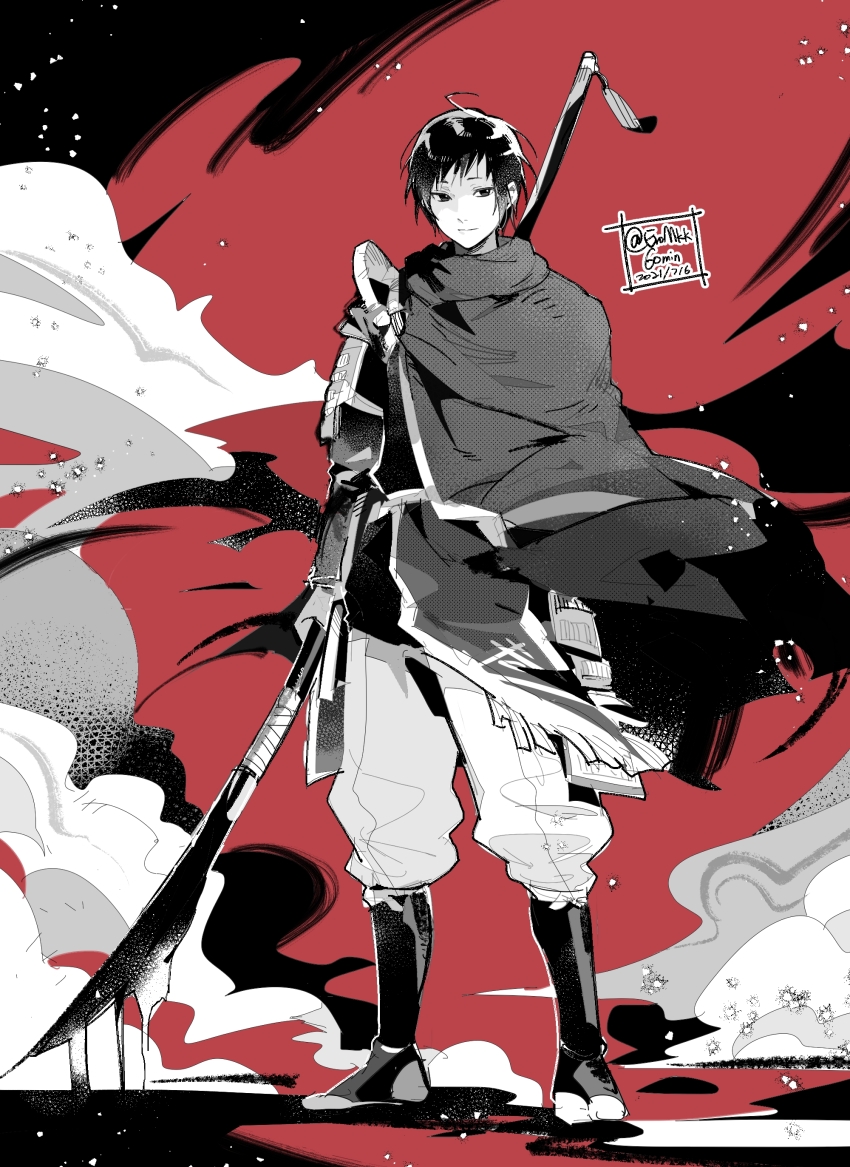 1boy, absurdres, ahoge, arm_at_side, armor, blood, bloody_weapon, cloak, closed_mouth, dripping, eromkk, floating_clothes, full_body, fumetsu_no_anata_e, greyscale_with_colored_background, highres, holding, holding_polearm, holding_weapon, japanese_armor, kahaku_(fumetsu_no_anata_e), kusazuri, light_smile, male_focus, monochrome, naginata, pants, polearm, red_background, sash, short_hair, shoulder_armor, sode, solo, sparkle, jika-tabi, weapon, wind