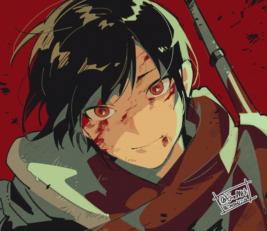 1boy, black_hair, blood, blood_on_face, bruise, bruise_on_face, closed_mouth, dated