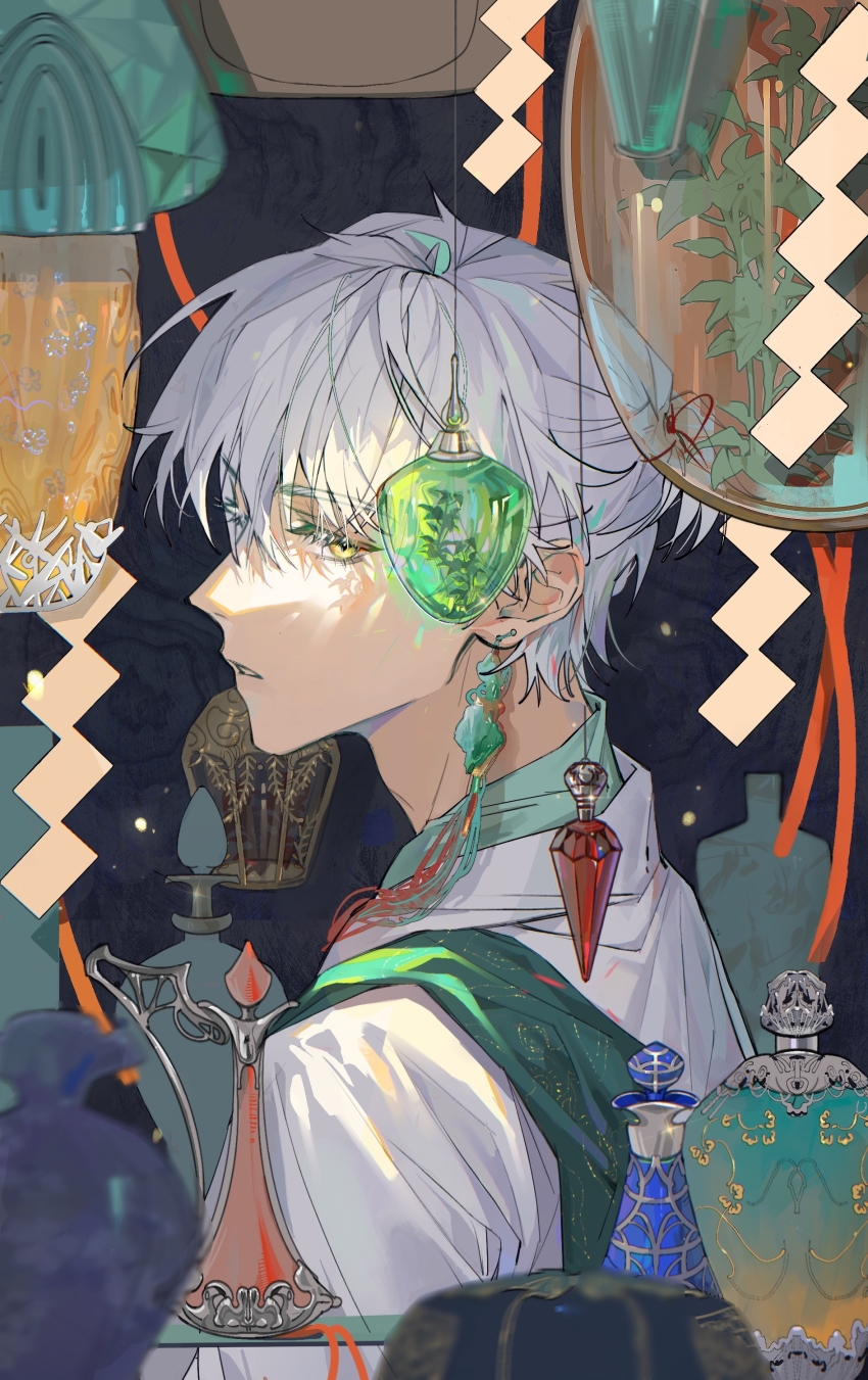 1boy, absurdres, blurry, bottle, dappled_sunlight, depth_of_field, earrings, eyelashes