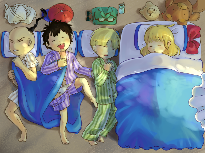 1girl, 3boys, barefoot, black_hair, blonde_hair, bone_(stare), braid, cellphone