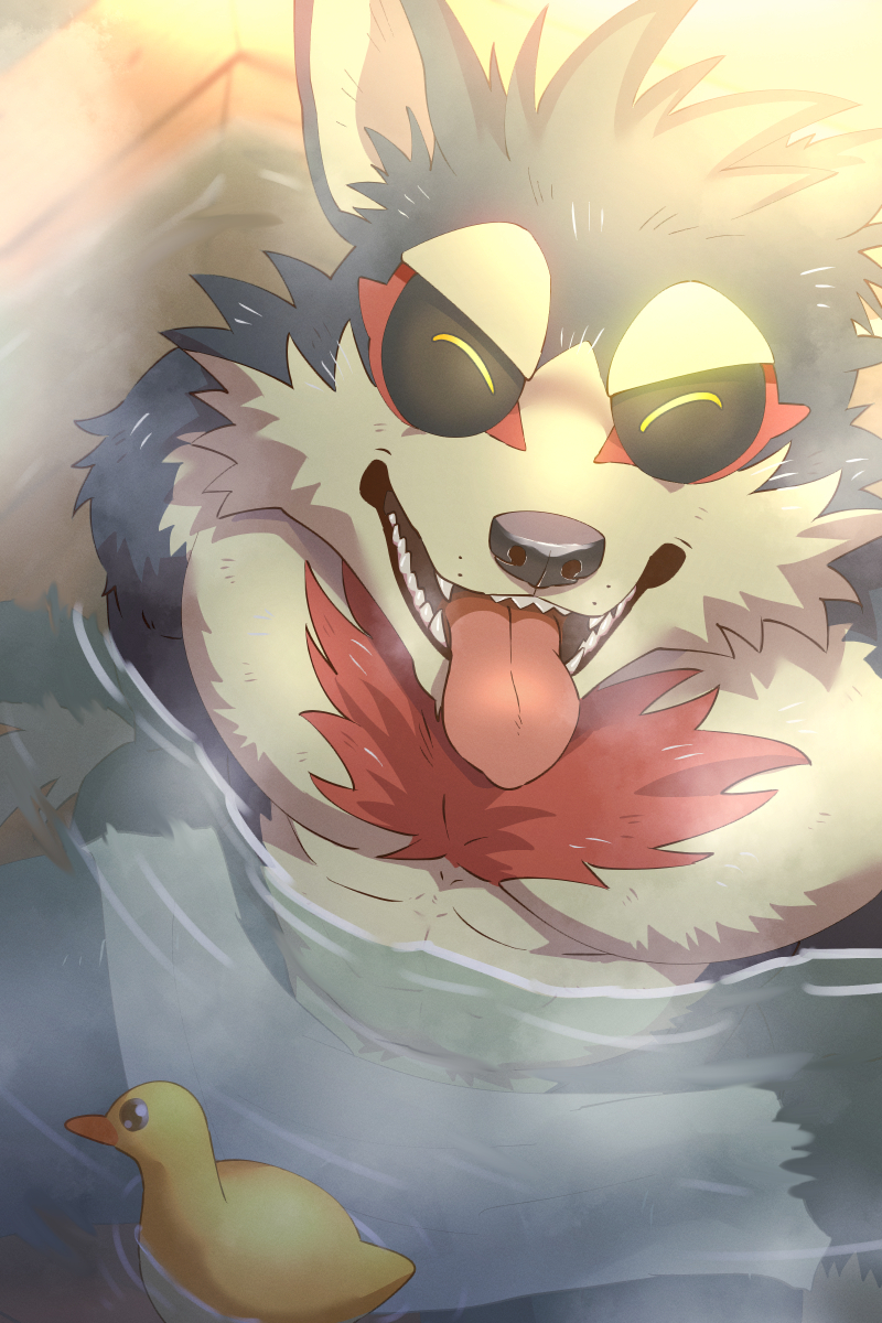 1boy, animal_ears, animal_nose, bara, bathing, black_fur, black_sclera, chest_hair