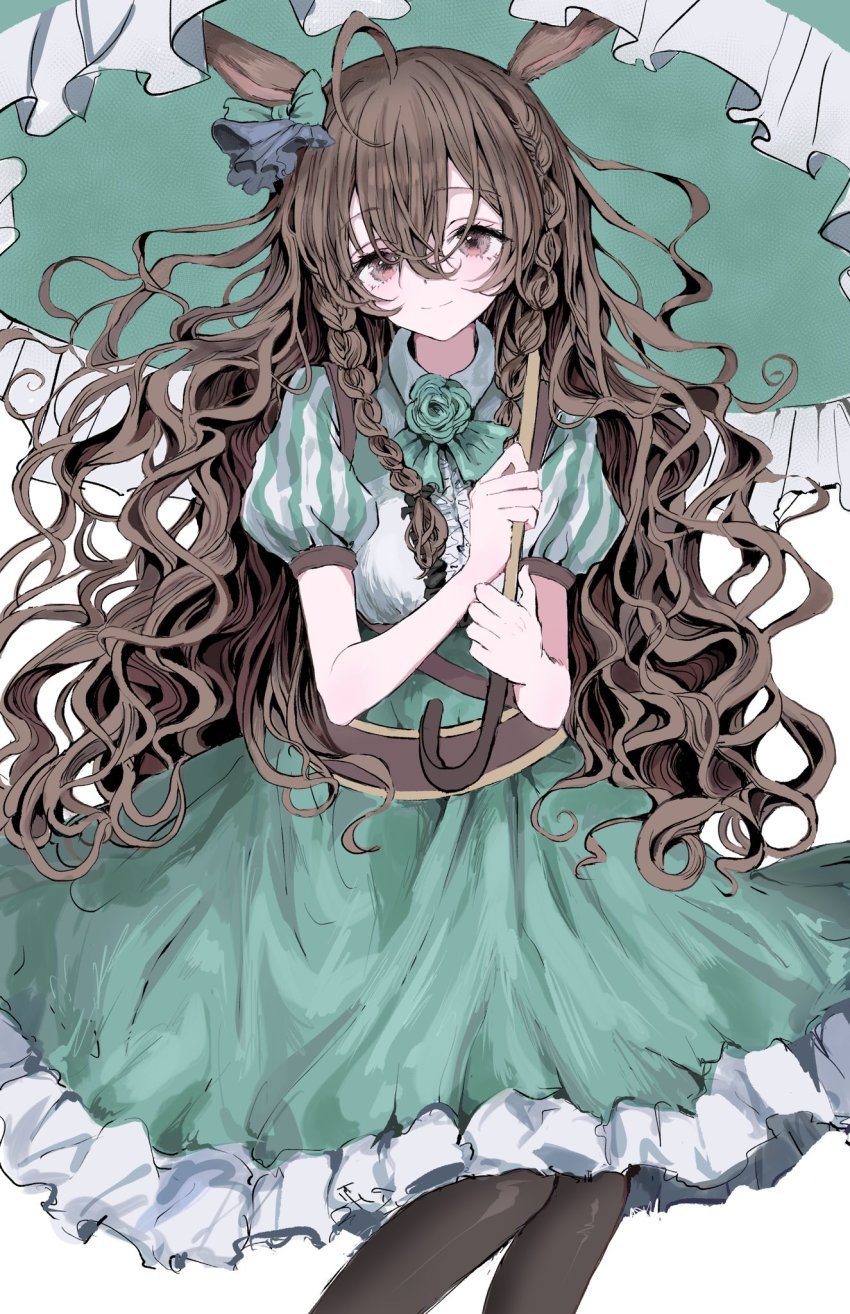 1girl, ahoge, animal_ears, bad_id, bad_twitter_id, black_pantyhose, blush, bow