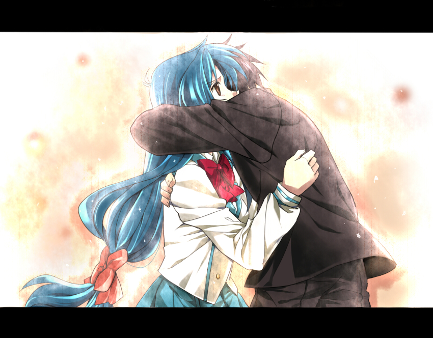 1boy, 1girl, bad_id, bad_pixiv_id, blue_hair, bow, brown_eyes, chidori_kaname, couple, full_metal_panic!, hair_bow, hetero, highres, hug, letterboxed, long_hair, low-tied_long_hair, ponytail, sagara_sousuke, school_uniform, sennen_suisei, tears, very_long_hair