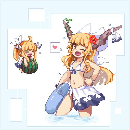 2girls, ;d, =_=, bikini, blonde_hair, blunt_bangs, blush_stickers, chibi