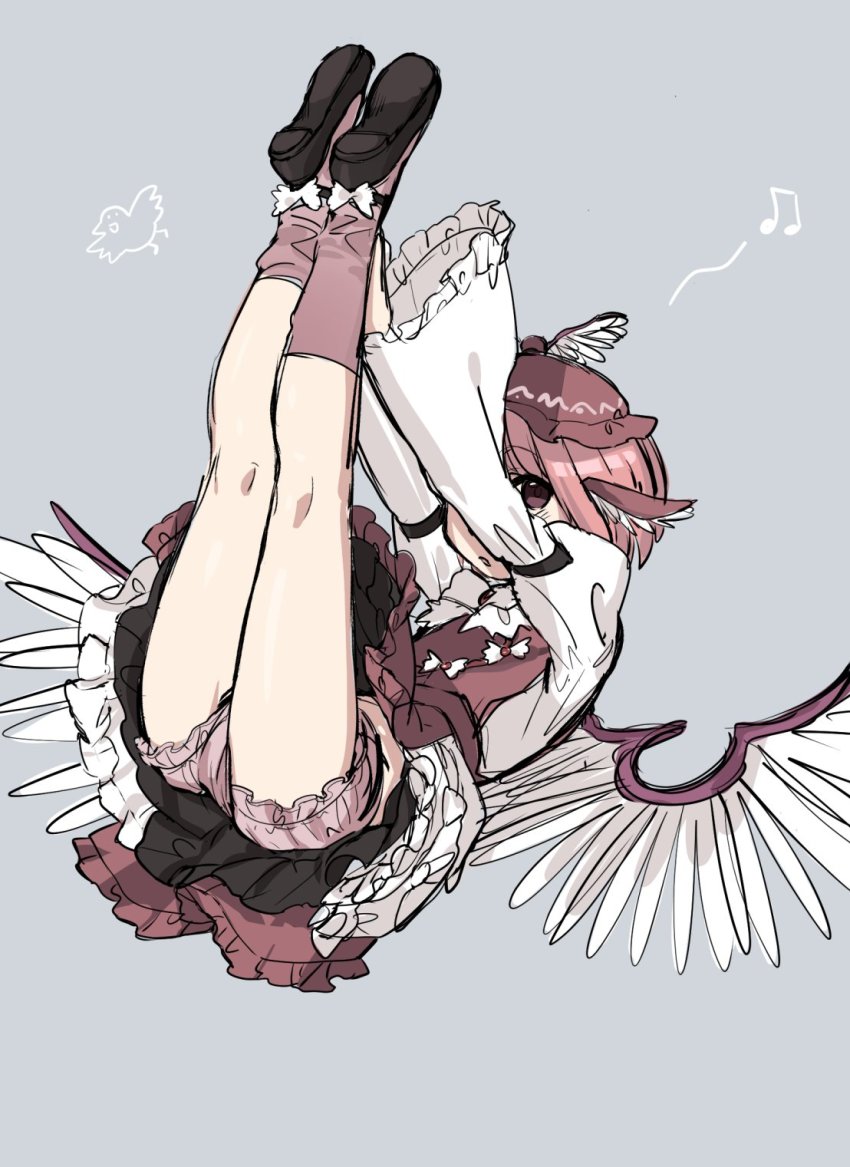 1girl, animal_ears, beamed_eighth_notes, bird_ears, bird_wings, black_shoes, bloomers, blush, brown_dress, brown_eyes, brown_hat, brown_socks, dress, frilled_dress, frilled_sleeves, frills, full_body, grey_background, hat, highres, kneehighs, long_sleeves, musical_note, mystia_lorelei, open_mouth, pink_bloomers, pink_hair, shoes, short_hair, simple_background, sketch, socks, solo, touhou, underwear, ushikousen, white_wings, wide_sleeves, winged_hat, wings