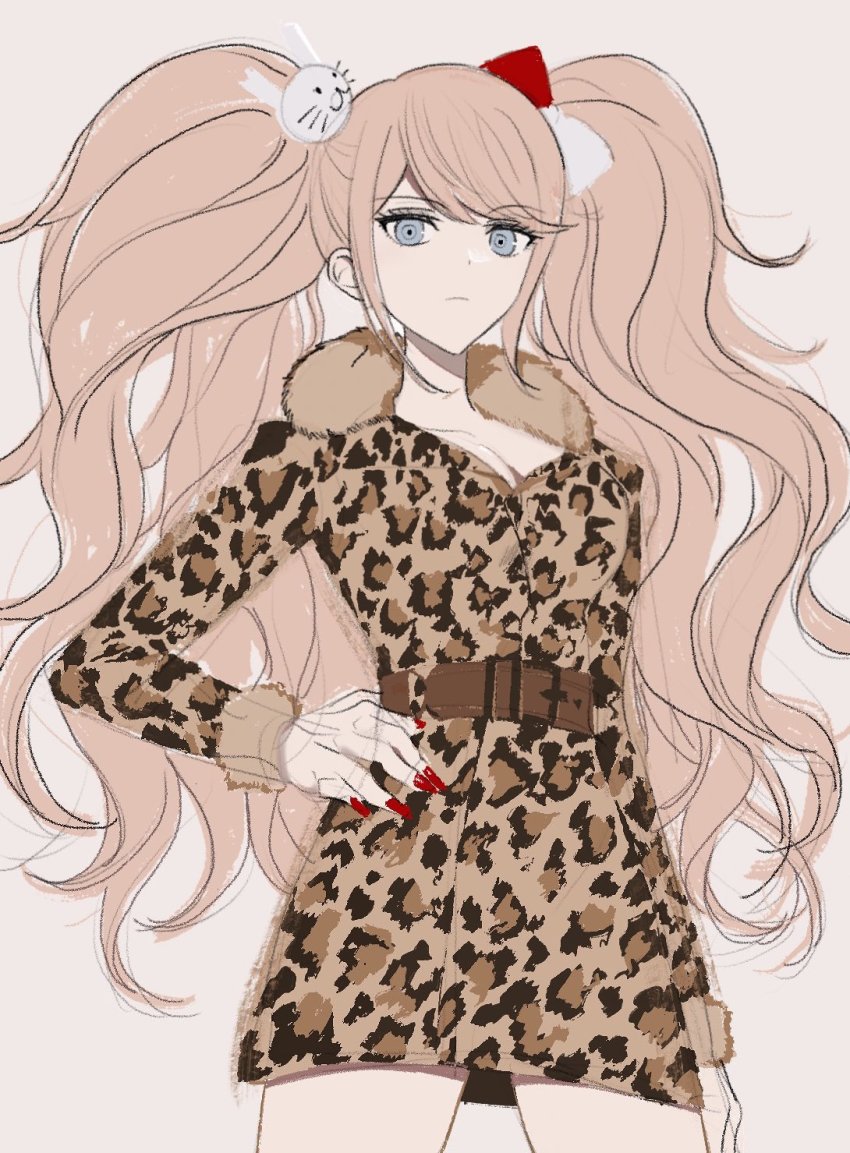 1girl, animal_print, arm_at_side, bad_id, bad_twitter_id, belt, bow, breasts
