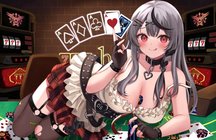 1girl, :q, ace_(playing_card), ace_of_hearts, belt, between_breasts, between_fingers, black_belt