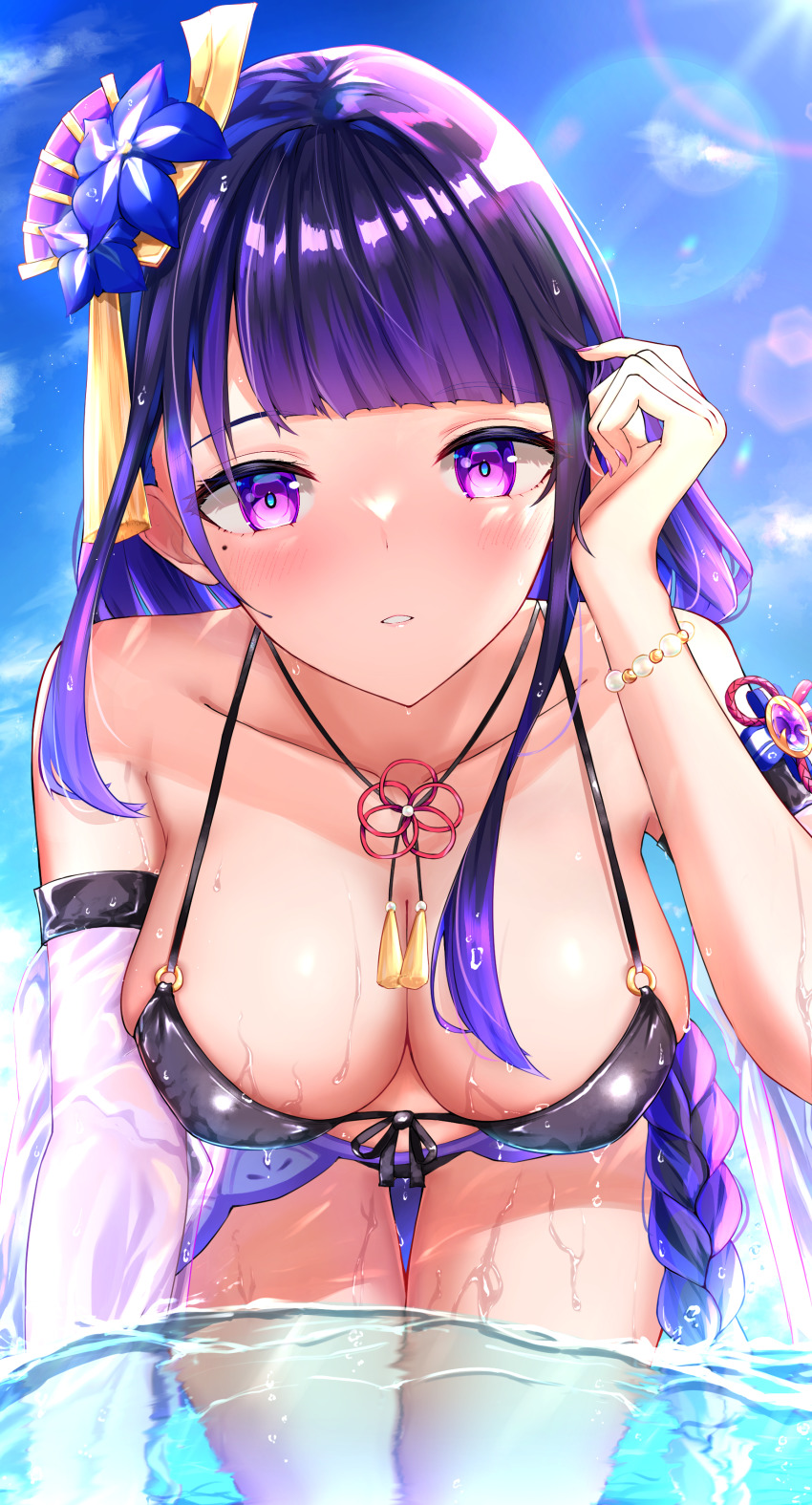 1girl, absurdres, arm_strap, bare_shoulders, bead_bracelet, beads, bikini, black_bikini, blue_sky, bracelet, braid, breasts, caffeinechara, cleavage, close-up, collarbone, cowboy_shot, day, flower, front-tie_top, genshin_impact, hair_flower, hair_ornament, highres, jewelry, large_breasts, legs_together, lens_flare, light_particles, long_hair, low-braided_long_hair, low-tied_long_hair, mole, mole_under_eye, nail_polish, neck_tassel, necklace, off_shoulder, open_clothes, open_shirt, outdoors, parted_lips, partially_underwater_shot, purple_eyes, purple_flower, purple_hair, purple_nails, raiden_shogun, see-through_clothes, see-through_shirt, shirt, sidelocks, single_braid, skindentation, sky, solo, strap_gap, sunlight, swept_bangs, swimsuit, tassel, thigh_gap, tucking_hair, vision_(genshin_impact), wading, water, wet, wet_clothes, wet_swimsuit