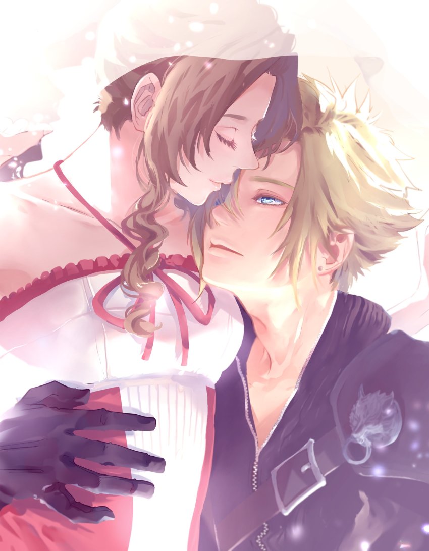 1boy, 1girl, aerith_gainsborough, armor, black_gloves, blonde_hair, blue_eyes, braid