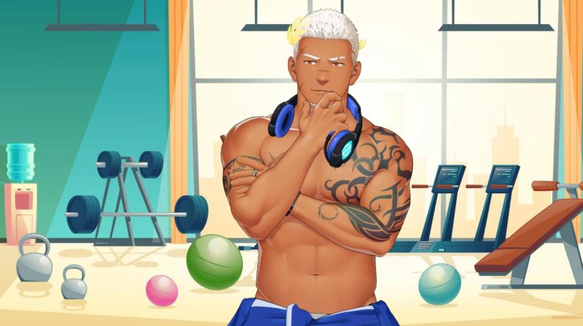 1boy, abs, arm_tattoo, bara, dark-skinned_male, dark_skin, dumbbell, eyebrow_cut