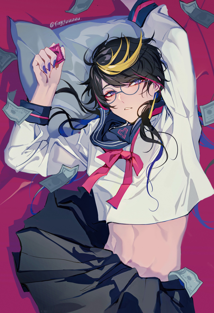 1boy, androgynous, banknote, bespectacled, black_hair, black_skirt, blonde_hair, blouse