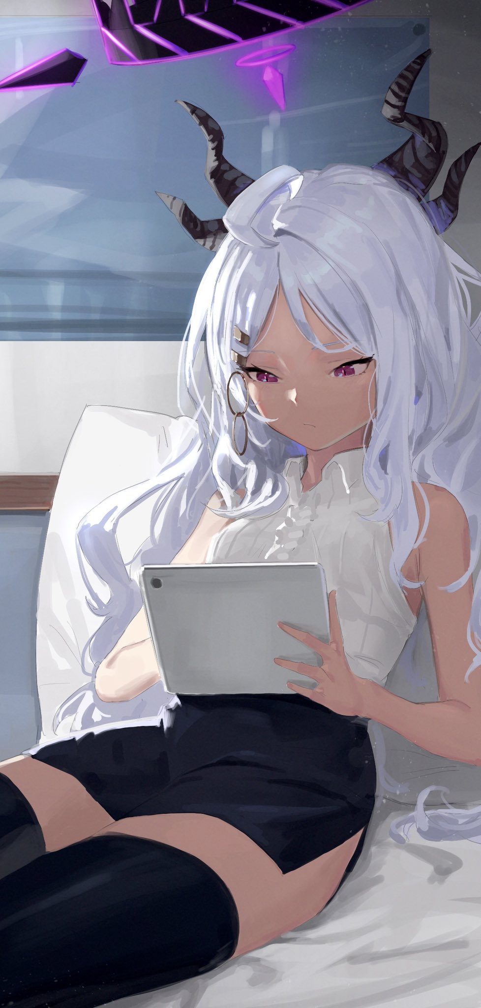 1girl, ahoge, black_skirt, black_thighhighs, blue_archive, closed_mouth, collared_shirt, demon_horns