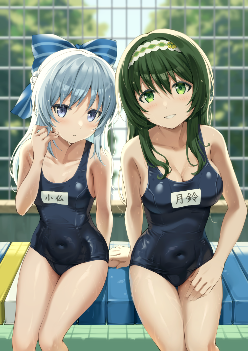 2girls, blue_bow, blue_eyes, blue_hair, blue_one-piece_swimsuit, blurry, blurry_background, bow