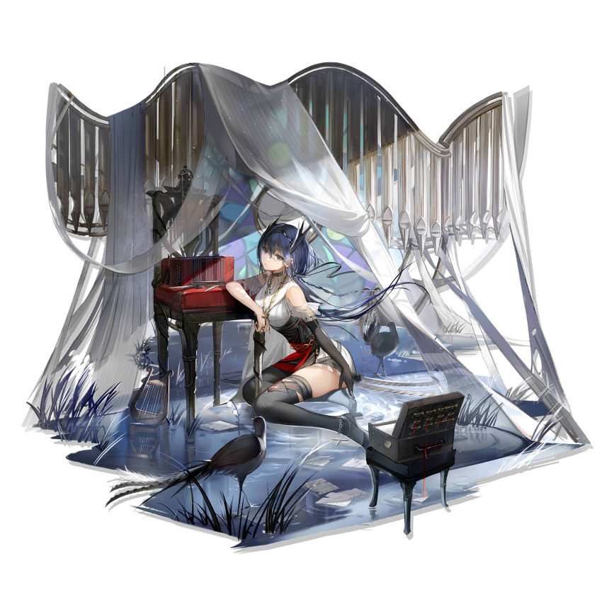 1girl, arknights, bare_shoulders, bird, black_dress, black_footwear, black_gloves, black_hair