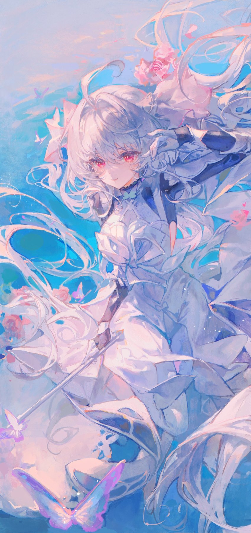 1girl, absurdres, ahoge, blue_background, braid, breasts, bug, butterfly