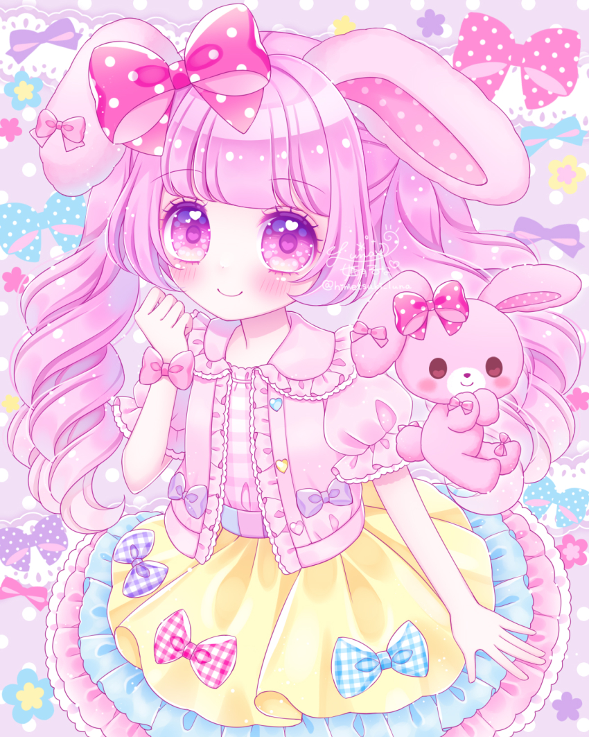1girl, animal_ears, blunt_bangs, blush, bonbonribbon, bow, buttons, center_frills