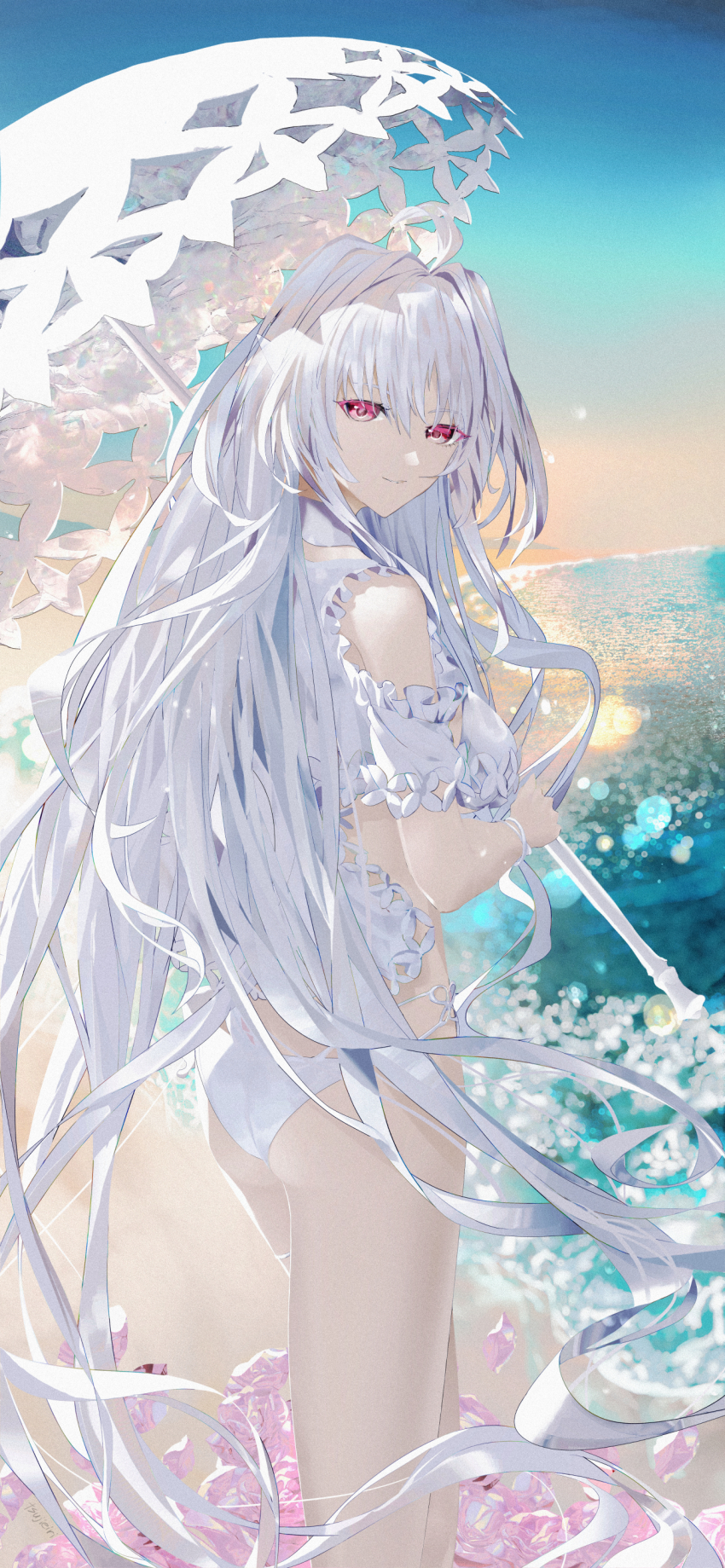 1girl, absurdres, ahoge, ass, bare_shoulders, beach, bikini, blue_sky