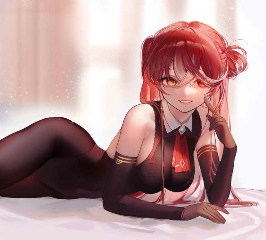 1girl, ascot, bare_shoulders, black_leotard, black_pantyhose, breasts, commentary, crossed_ears, elbow_gloves, gloves, hair_between_eyes, heterochromia, highres, hololive, houshou_marine, houshou_marine_(marching_band), large_breasts, leotard, long_hair, looking_at_viewer, pantyhose, parted_lips, pointing, pointing_at_self, red_ascot, red_eyes, red_hair, smile, smilesmile1312, solo, untranslatable_commentary, virtual_youtuber, yellow_eyes