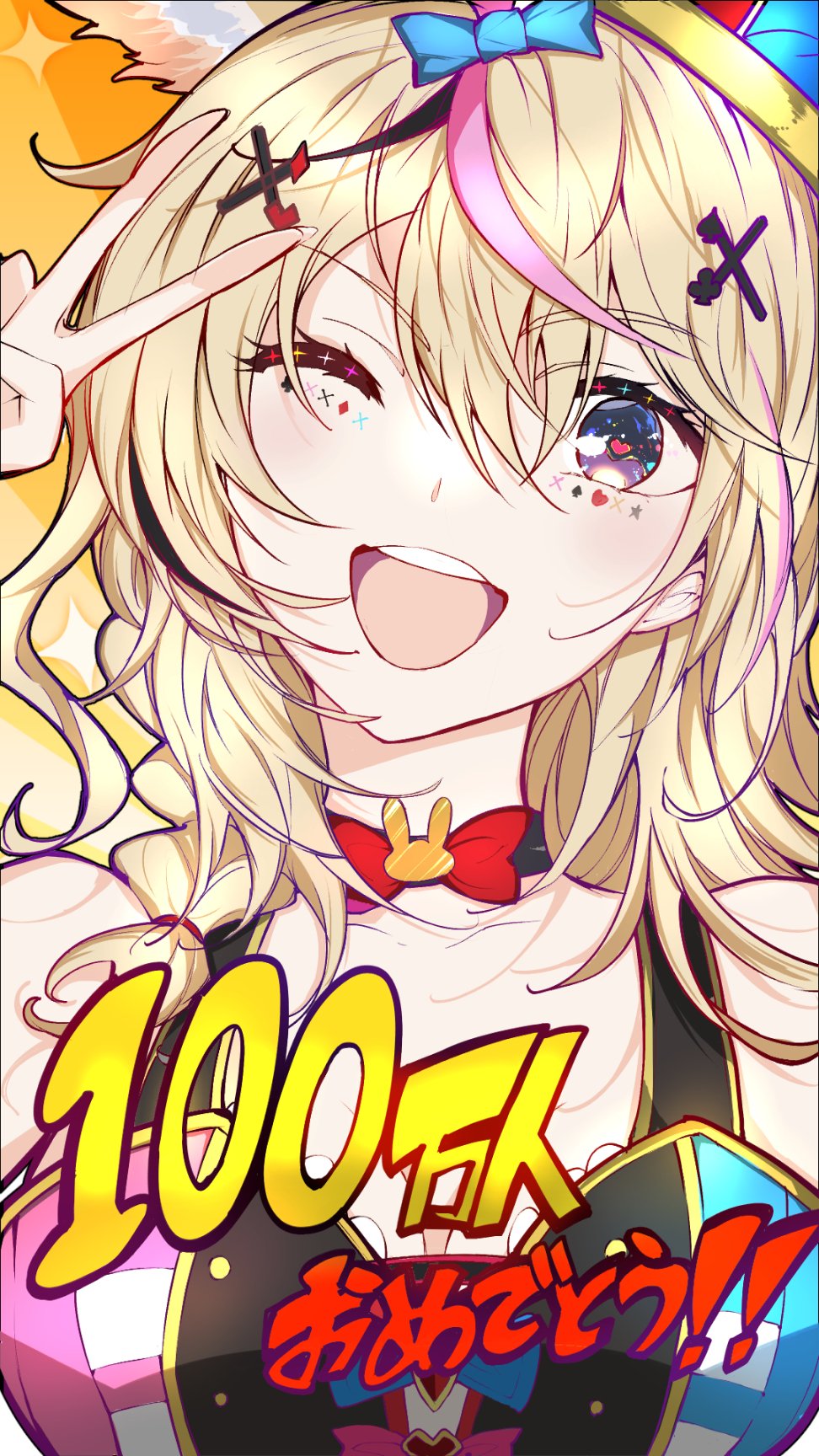 1girl, ;d, animal_ears, black_hair, blonde_hair, blue_bow, bow, bowtie