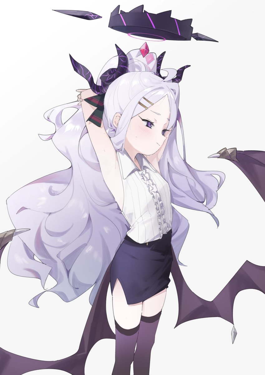 1girl, absurdres, ahoge, armpits, black_skirt, blue_archive, collared_shirt, cottone_(highjethoo)