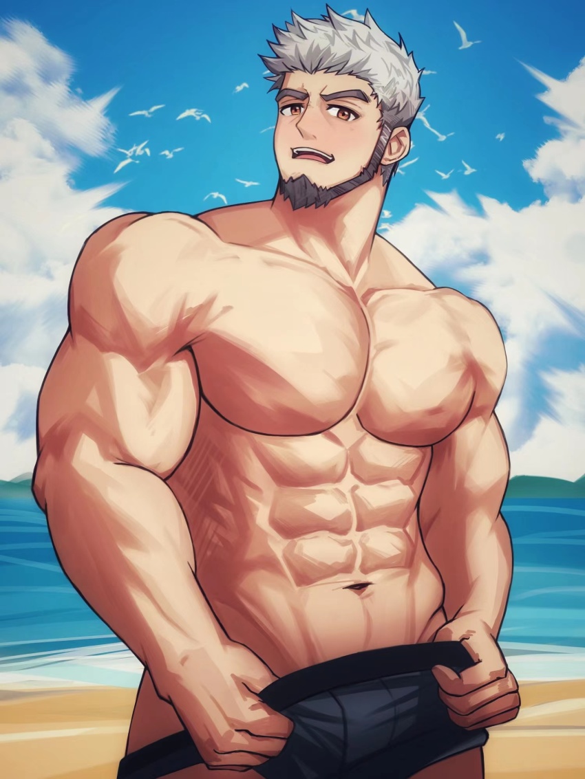 1boy, abs, alternate_pectoral_size, bara, beach, beard, bird, black_male_swimwear, blush, brown_eyes, bulge, camp_buddy, cloud, cloudy_sky, cowboy_shot, facial_hair, flustered, frown, goro_nomoru, grey_hair, highres, large_pectorals, looking_at_viewer, male_focus, male_swimwear, male_swimwear_pull, mature_male, multicolored_hair, muscular, muscular_male, navel, no_nipples, pectorals, pulling_own_clothes, short_hair, sideburns, sky, solo, stomach, swim_briefs, thick_eyebrows, topless_male, two-tone_hair, undressing, user_gggs3572, water