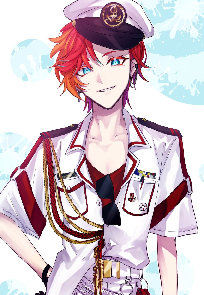 1boy, aiguillette, aqua_eyes, badge, belt, belt_buckle, black_gloves, breast_pocket