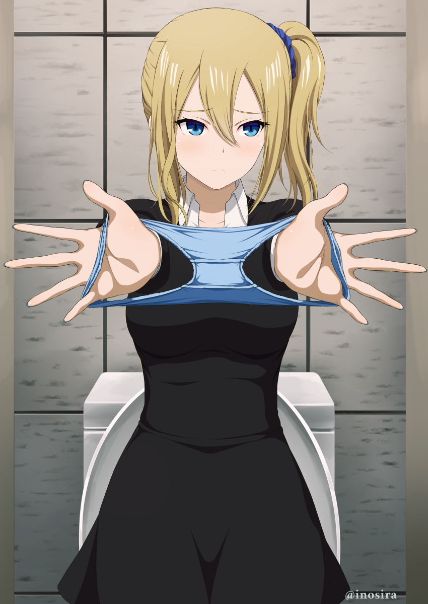 1girl, absurdres, black_dress, blonde_hair, blue_eyes, blue_panties, blush, breasts