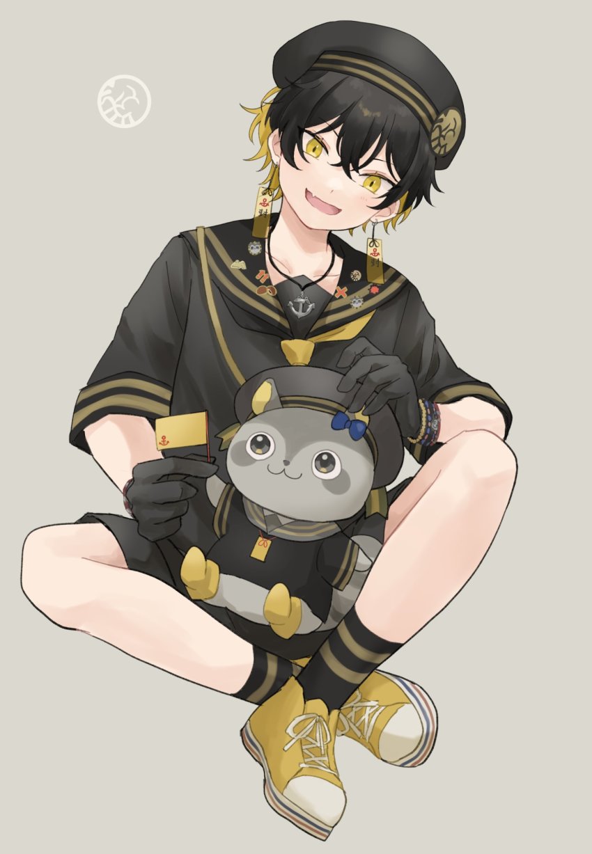 1boy, :d, anchor_necklace, animal, beret, black_gloves, black_hair, black_hat