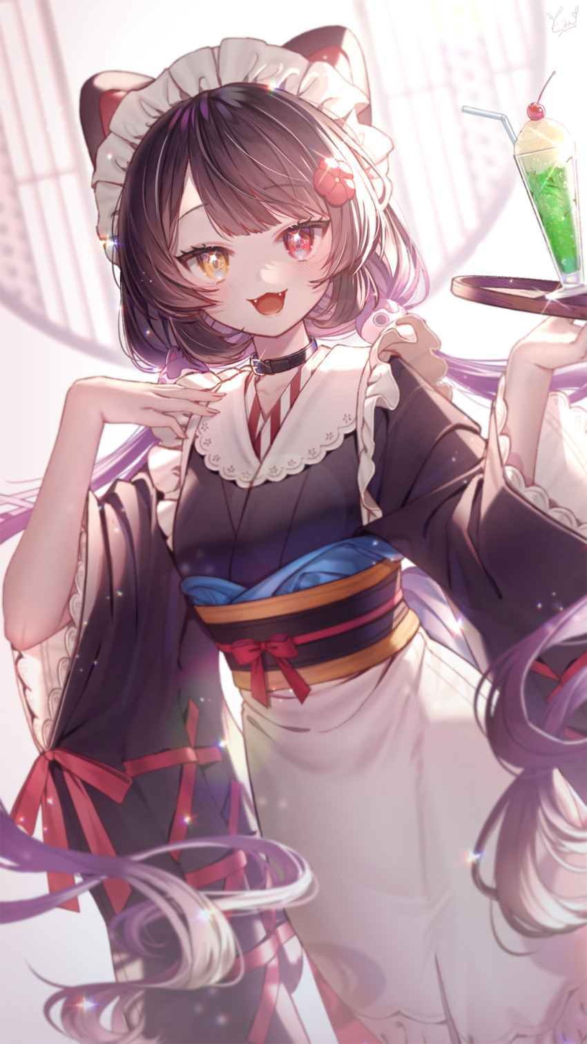 1girl, :d, animal_ears, apron, black_collar, brown_hair, brown_kimono, collar