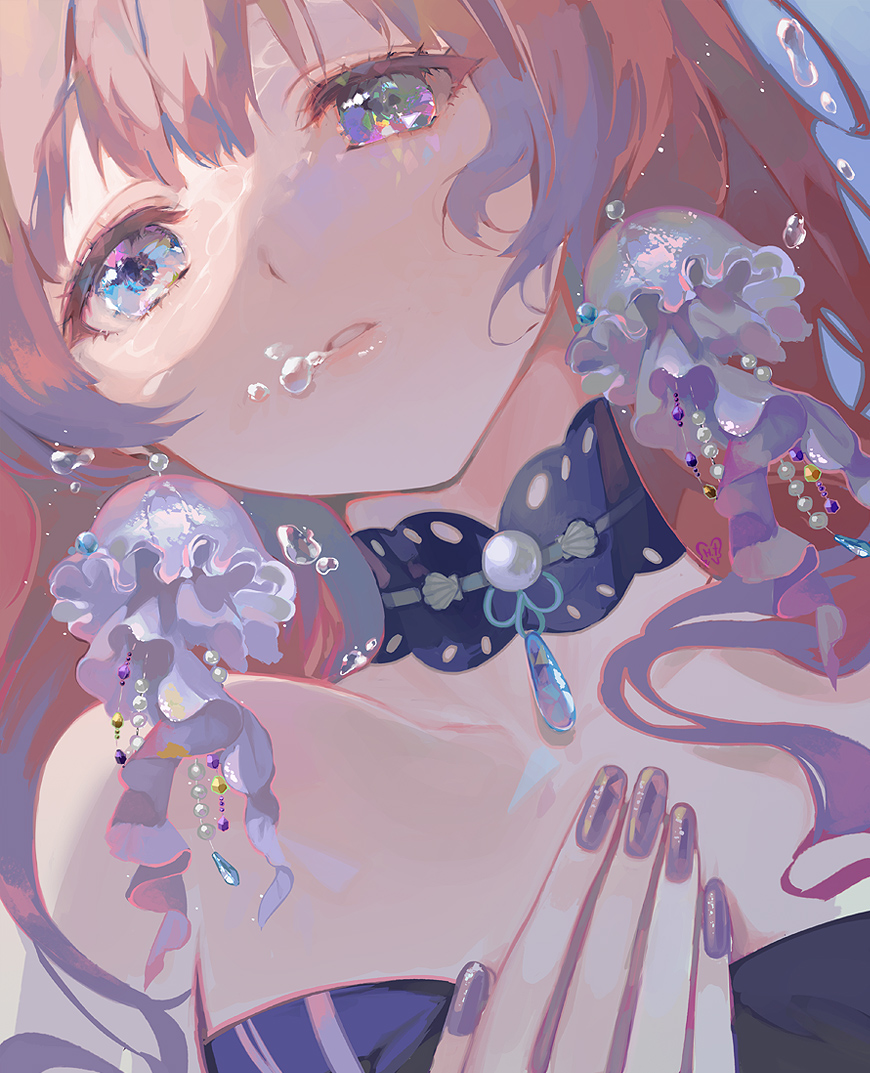 1girl, bare_shoulders, blue_background, blue_choker, blue_dress, bubble, choker, detached_sleeves