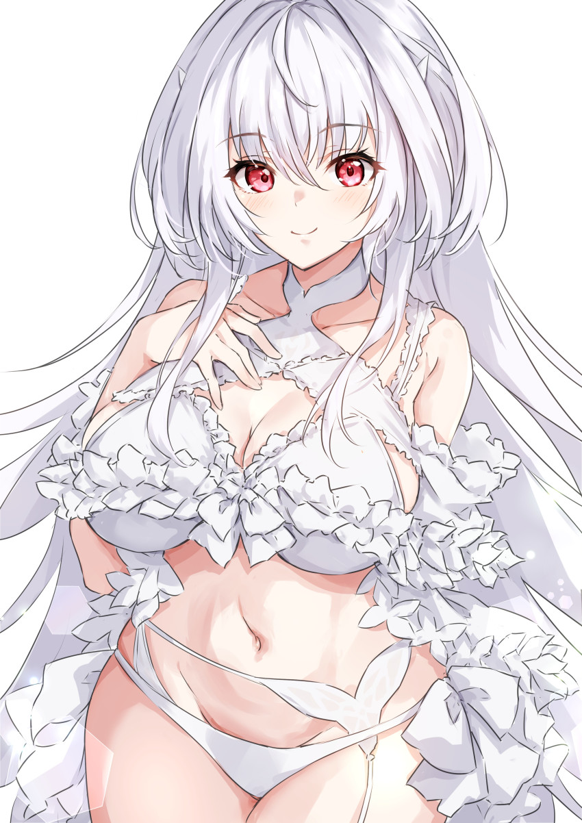 1girl, absurdres, ahoge, bare_shoulders, bikini, breasts, cleavage, closed_mouth