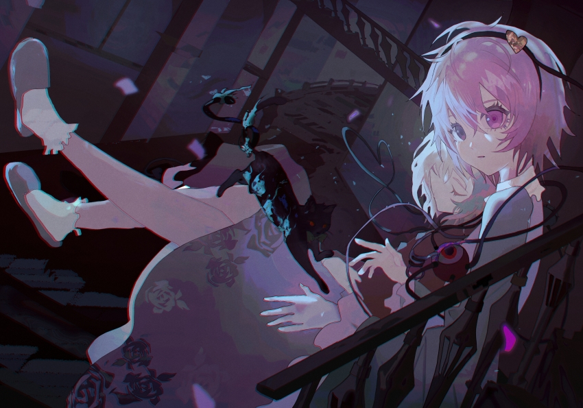 2girls, absurdres, black_cat, black_hairband, black_shirt, blouse, blue_shirt, cat