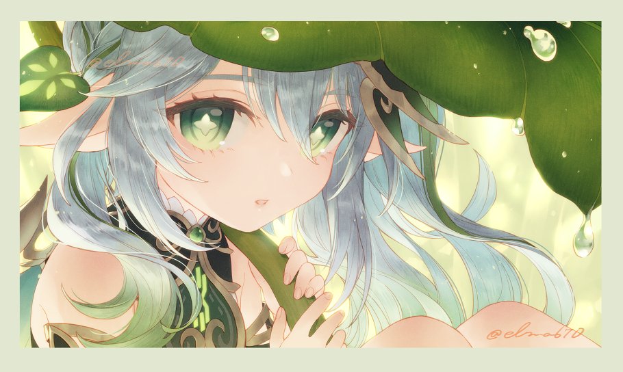 1girl, cross-shaped_pupils, dew_drop, elmar, genshin_impact, gradient_hair, green_eyes, green_hair