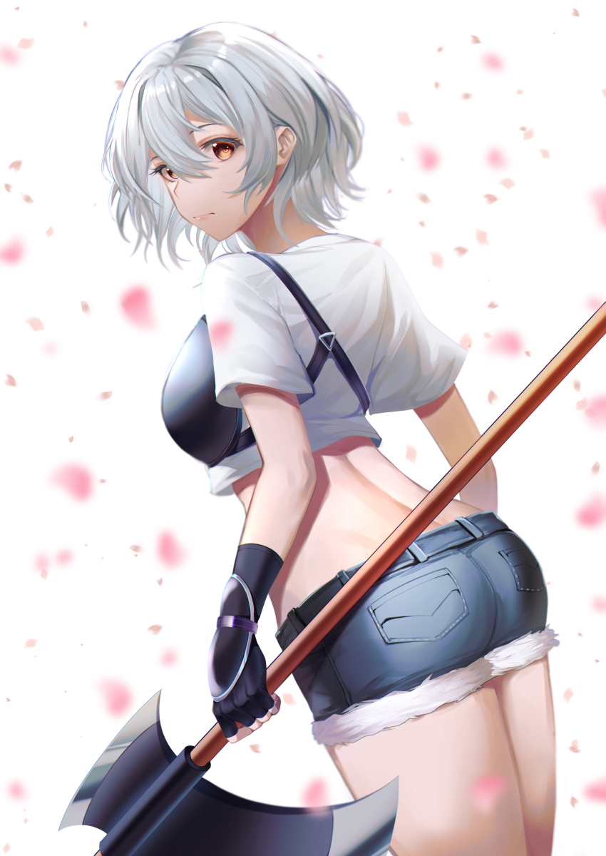 1girl, absurdres, arm_guards, artoria_gremm, ass, axe, back, black_gloves, blue_shorts, breasts, crop_top, cutoffs, denim, denim_shorts, fingerless_gloves, from_behind, gloves, grey_hair, hair_between_eyes, highres, holding, holding_axe, large_breasts, looking_at_viewer, looking_back, midriff, muneate, orange_eyes, petals, pocket, rakugakki, shinka_no_mi, shirt, short_hair, short_shorts, short_sleeves, shorts, solo, white_shirt