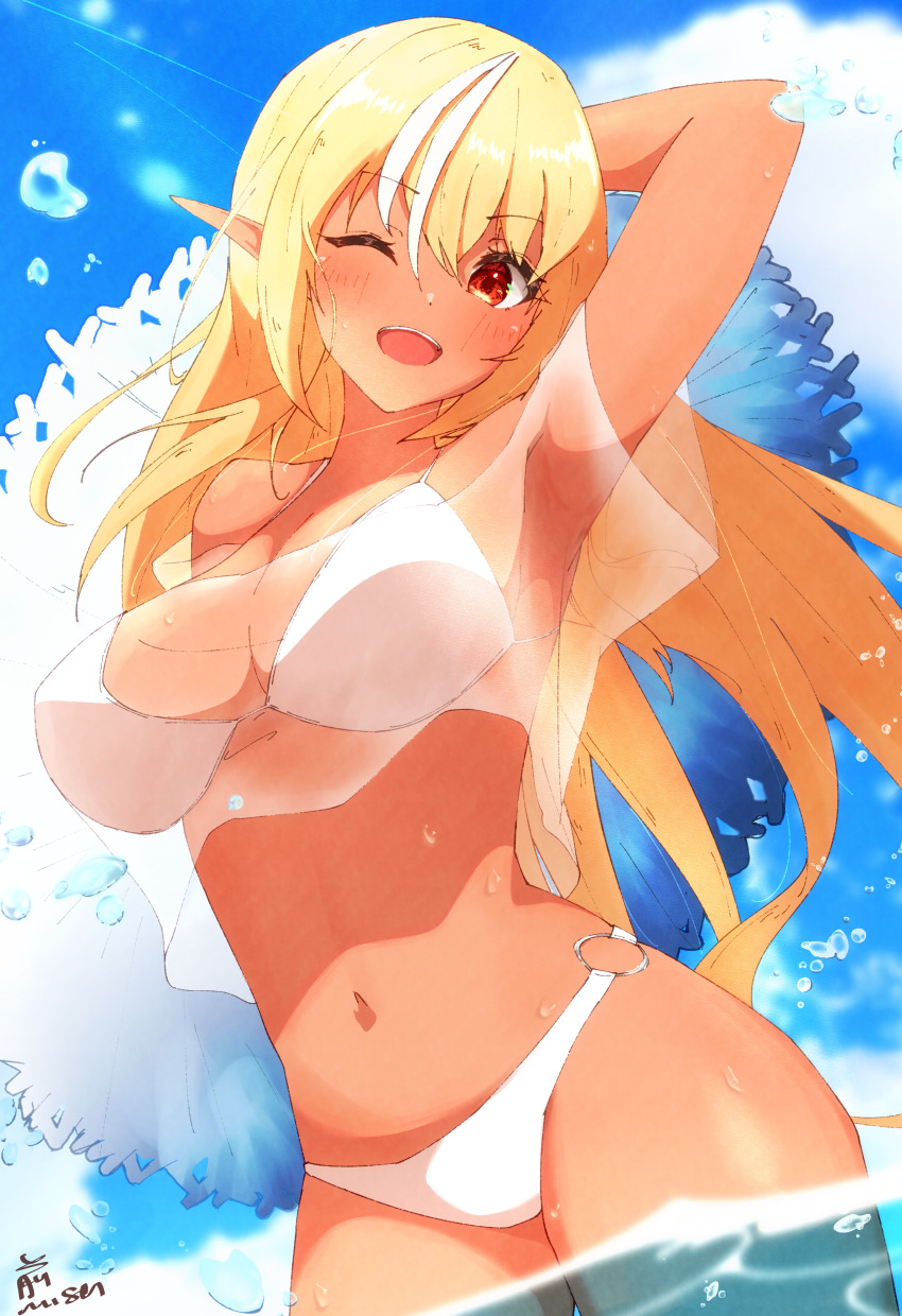 1girl, absurdres, arm_up, armpits, bikini, breasts, dark-skinned_female, dark_skin