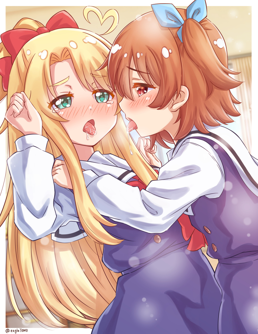 2girls, absurdres, after_kiss, blonde_hair, blush, bow, child, female_focus