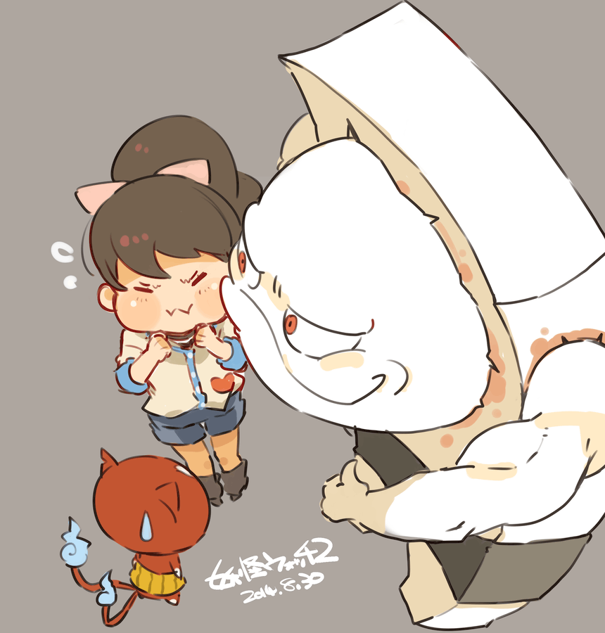 1girl, 2boys, bad_id, bad_twitter_id, brown_hair, chikaramochi, closed_mouth, dated, deformed, fire, flame-tipped_tail, full_body, high_ponytail, jibanyan, kodama_fumika, long_hair, mota, multiple_boys, multiple_tails, ponytail, shorts, simple_background, smile, tail, traditional_youkai, two_tails, youkai_watch