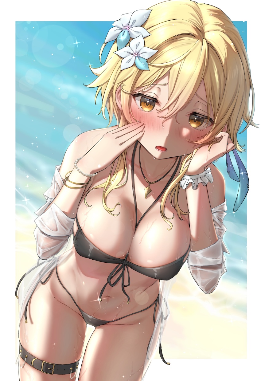 1girl, absurdres, bikini, black_bikini, blonde_hair, blush, breasts, chumugi, feather_hair_ornament, feathers, flower, genshin_impact, hair_flower, hair_ornament, half-closed_eyes, highres, jewelry, large_breasts, long_sleeves, looking_at_viewer, lumine_(genshin_impact), medium_hair, necklace, off_shoulder, open_clothes, open_mouth, open_shirt, shirt, sidelocks, solo, swimsuit, thighs, white_shirt, yellow_eyes