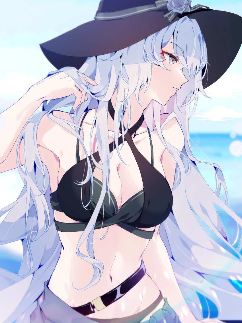 1girl, bare_shoulders, bikini, black_bikini, black_hat, breasts, bronya_zaychik, bronya_zaychik_(silverwing:_n-ex)