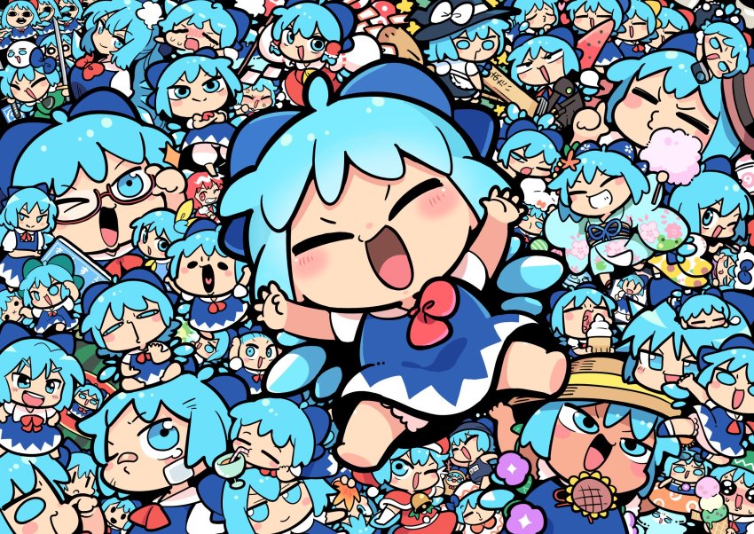 :d, achi_cirno, advent_cirno, alternate_color, aqua_kimono, black_headwear, black_one-piece_swimsuit, blue_bow