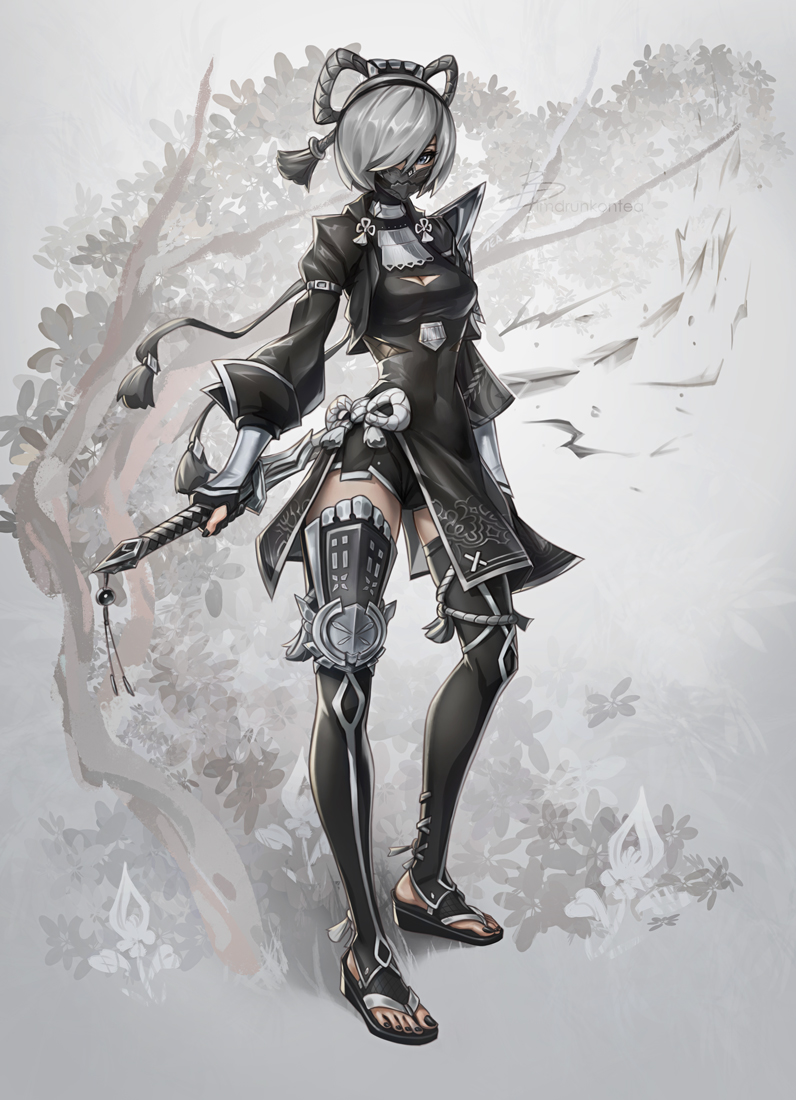 1girl, adapted_costume, black_dress, bow, breasts, cleavage_cutout, clothing_cutout, commentary, cropped_jacket, dress, english_commentary, fingerless_gloves, genshin_impact, gloves, grey_eyes, grey_hair, hair_bow, hair_over_one_eye, imdrunkontea, jacket, kira_buckland, kuki_shinobu, mask, medium_breasts, mouth_mask, nail_polish, nier_(series), nier:automata, ninja, open_clothes, open_jacket, rope, shimenawa, short_hair, side_slit, solo, thighhighs, toeless_footwear, toenail_polish, toenails, two-sided_dress, two-sided_fabric, voice_actor_connection, 2b_(nier:automata)