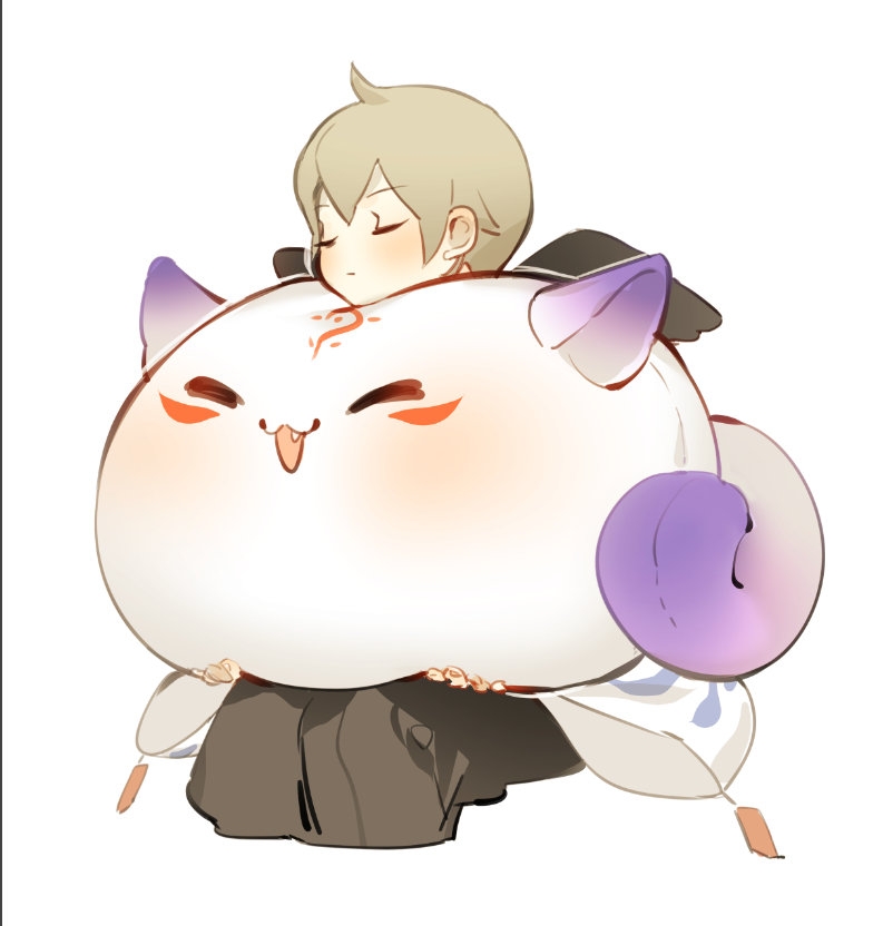 1boy, :3, animalization, black_pants, black_wings, closed_mouth, creature, cropped_legs, closed_eyes, facial_mark, fang, forehead_mark, head_rest, invisible_chair, japanese_clothes, light_brown_hair, male_focus, onmyoji, ootengu_(onmyoji), open_mouth, pants, shishanhecaomushi, shouu_ootengu, simple_background, sitting, white_background, wings, youko_(onmyoji)