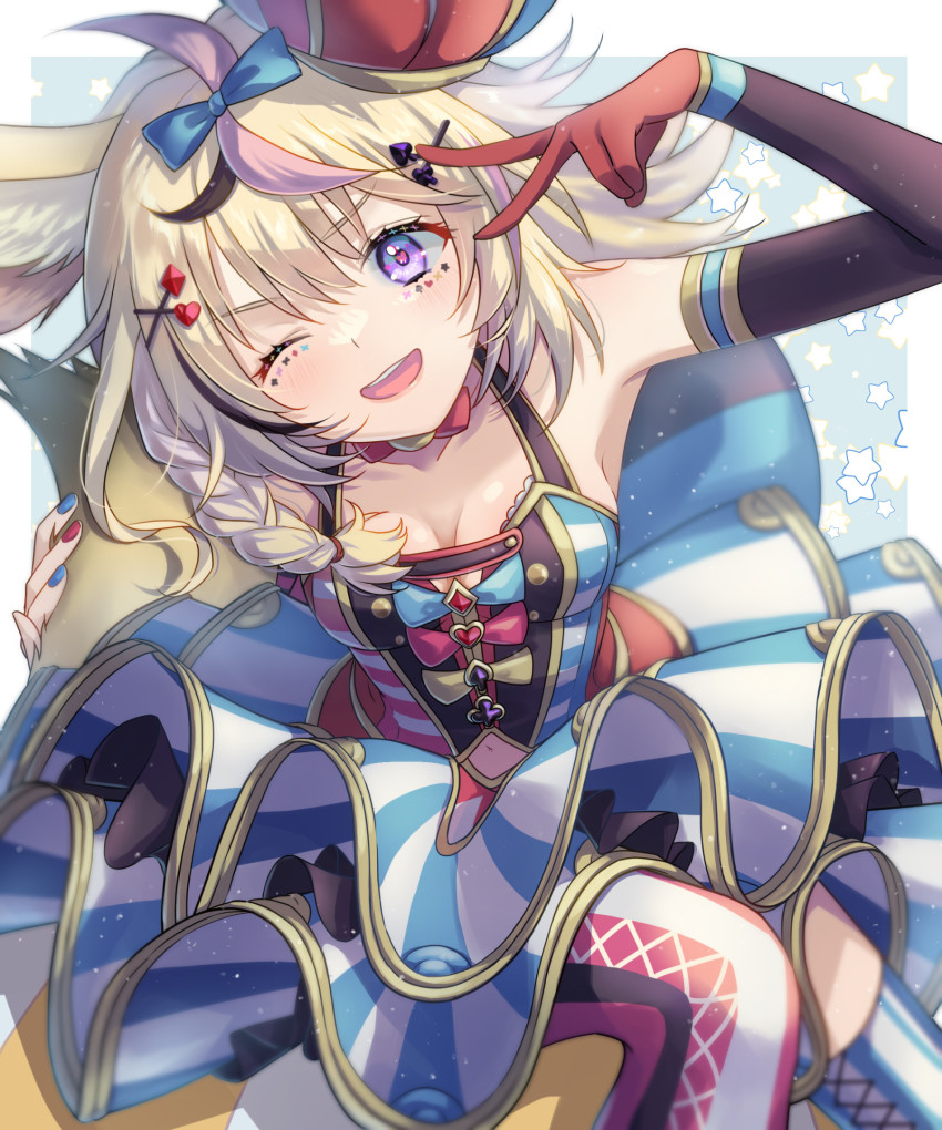 1girl, ;d, ahoge, animal_ear_fluff, animal_ears, arm_up, asymmetrical_legwear, black_hair, blonde_hair, blue_bow, blue_dress, blue_nails, blue_skirt, blue_thighhighs, bow, bowtie, braid, breasts, clothing_cutout, collarbone, commentary_request, detached_sleeves, diamond_hair_ornament, dress, facial_mark, fang, fox_ears, fox_girl, fox_tail, from_above, gloves, gold_trim, hair_between_eyes, hair_bow, hair_ornament, hair_over_shoulder, hairclip, hat, head_tilt, heart, heart-shaped_pupils, heart_hair_ornament, highres, holding_own_tail, hololive, layered_skirt, long_hair, looking_at_viewer, luma8b, mismatched_legwear, multicolored_dress, multicolored_hair, multicolored_hat, multicolored_nails, nail_polish, navel, navel_cutout, omaru_polka, omaru_polka_(1st_costume), one_eye_closed, open_mouth, pink_hair, pink_thighhighs, playing_card_theme, purple_eyes, red_bow, red_bowtie, red_gloves, red_hat, red_nails, short_dress, side_braid, sidelocks, single_braid, single_detached_sleeve, single_glove, skirt, sleeveless, sleeveless_dress, small_breasts, smile, solo, star_(symbol), star_symbol_background, streaked_hair, striped_clothes, striped_skirt, symbol-shaped_pupils, tail, teeth, thighhighs, upper_teeth_only, vertical-striped_clothes, vertical-striped_skirt, virtual_youtuber, x_hair_ornament