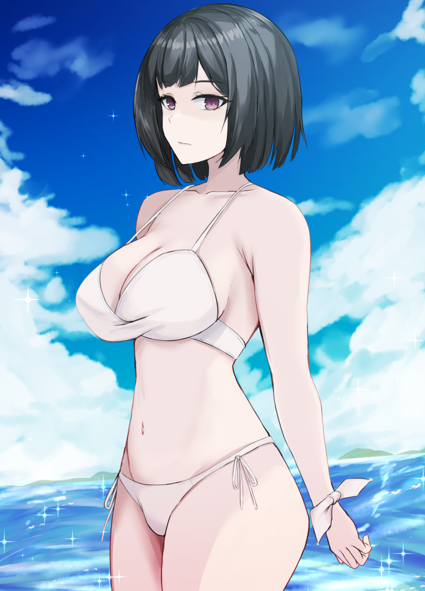 1girl, absurdres, bare_shoulders, bikini, black_hair, bob_cut, breasts, cleavage